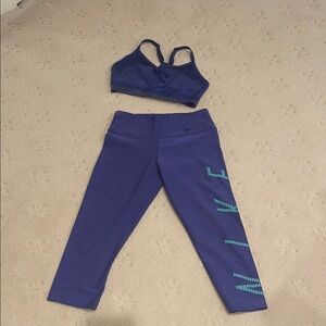 Nike Women's Purple Capri Leggings with Blue Accents and Sports Bra